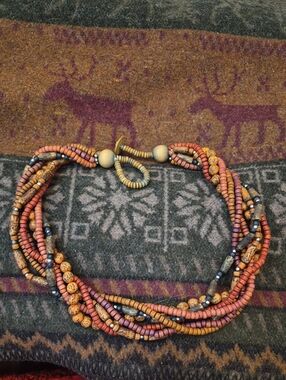 Multi-Strand Beaded Necklace in Orange and Tan with Loop Closure